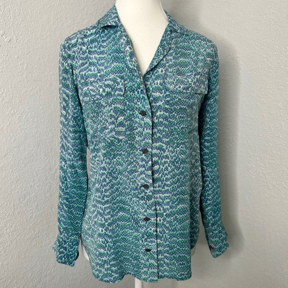 Equipment Femme Silk Button Down Shirt XS‎ Blue Jade Abstract Print Top